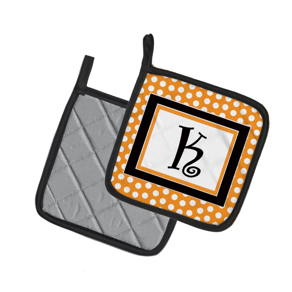 Letter K Initial Monogram - Orange Polkadots Pot Holder Set of 2 Heat Resistant Quilted Hot Pads 7.5 x 7.5 Inch, Insulated Kitchen Trivets for Cooking & Baking