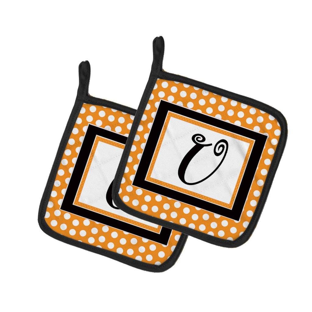 Letter U Initial Monogram - Orange Polkadots Pot Holder Set of 2 Heat Resistant Quilted Hot Pads 7.5 x 7.5 Inch, Insulated Kitchen Trivets for Cooking & Baking