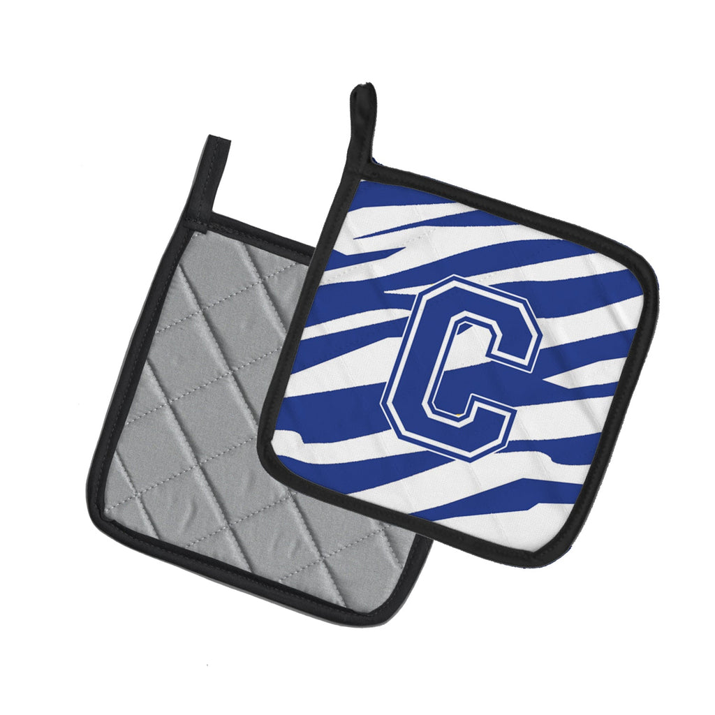 Letter C Initial Tiger Stripe Blue and White Pot Holder Set of 2 Heat Resistant Quilted Hot Pads 7.5 x 7.5 Inch, Insulated Kitchen Trivets for Cooking & Baking