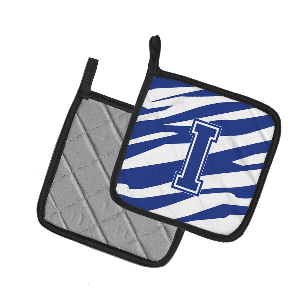 Letter I Initial Tiger Stripe Blue and White Pot Holder Set of 2 Heat Resistant Quilted Hot Pads 7.5 x 7.5 Inch, Insulated Kitchen Trivets for Cooking & Baking
