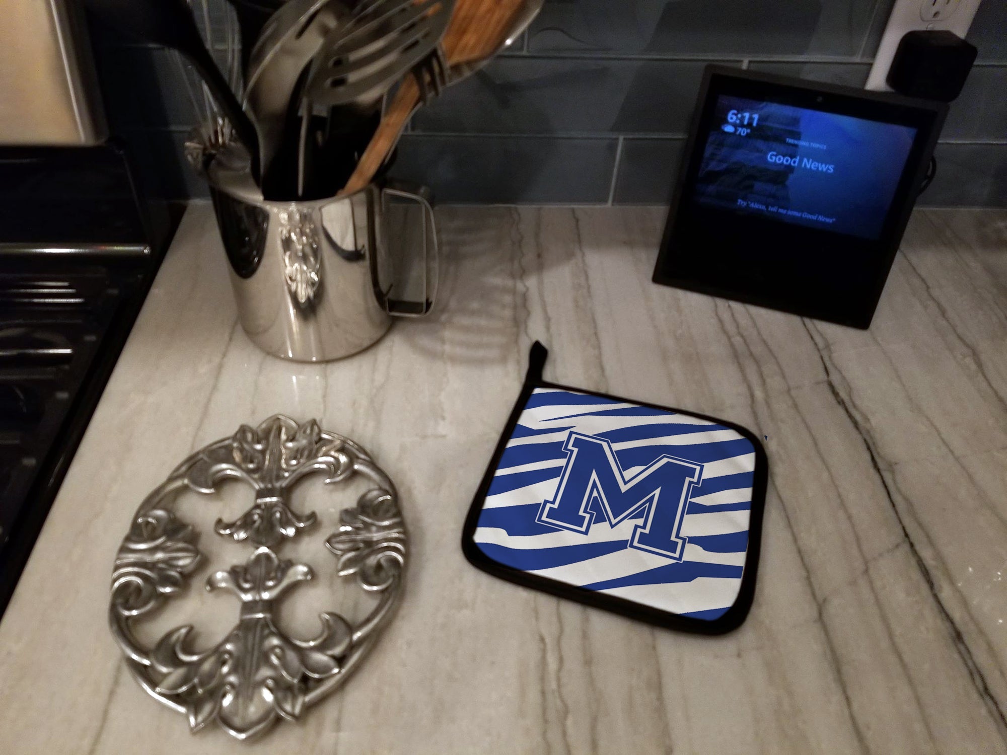 Letter M Initial Tiger Stripe Blue and White Pot Holder Set of 2 Heat Resistant Quilted Hot Pads 7.5 x 7.5 Inch, Insulated Kitchen Trivets for Cooking & Baking