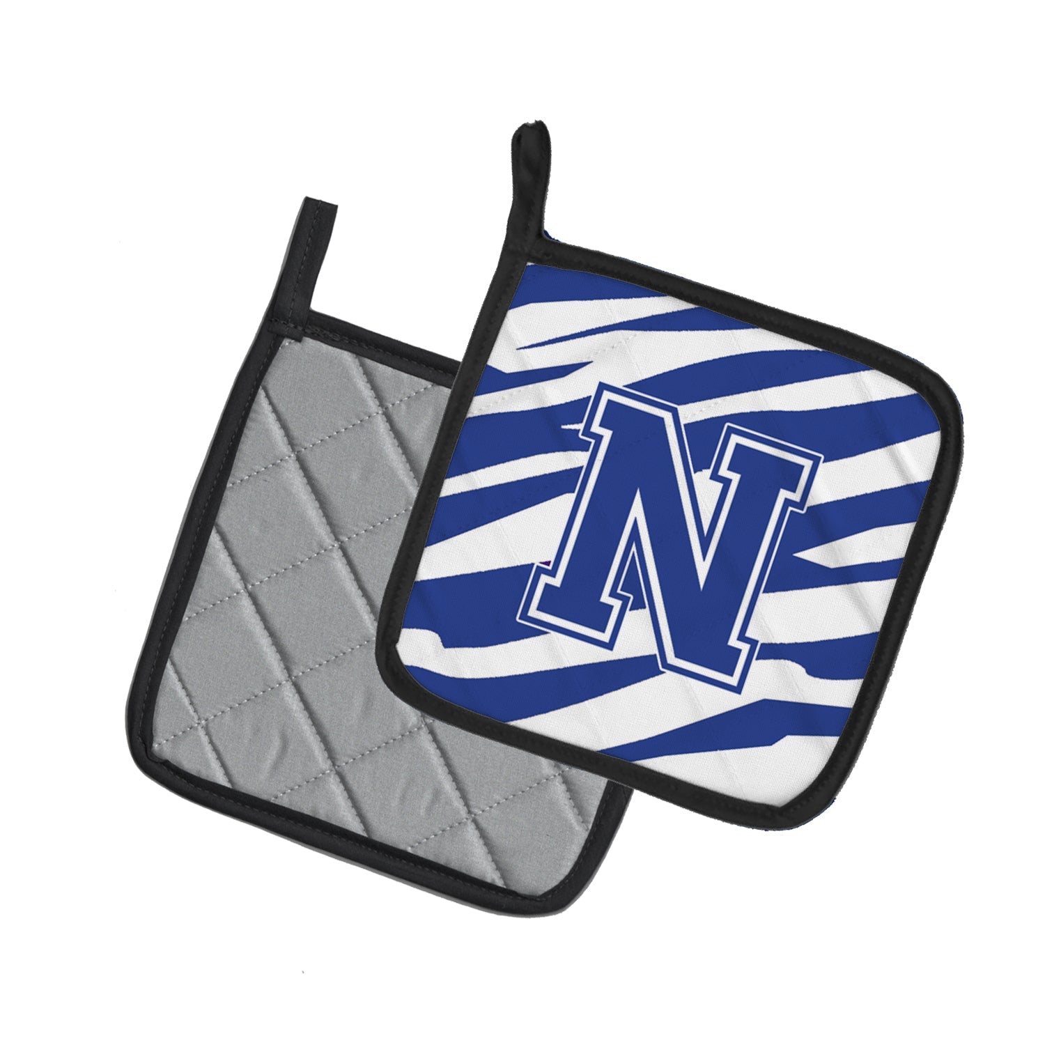Letter N Initial Tiger Stripe Blue and White Pot Holder Set of 2 Heat Resistant Quilted Hot Pads 7.5 x 7.5 Inch, Insulated Kitchen Trivets for Cooking & Baking