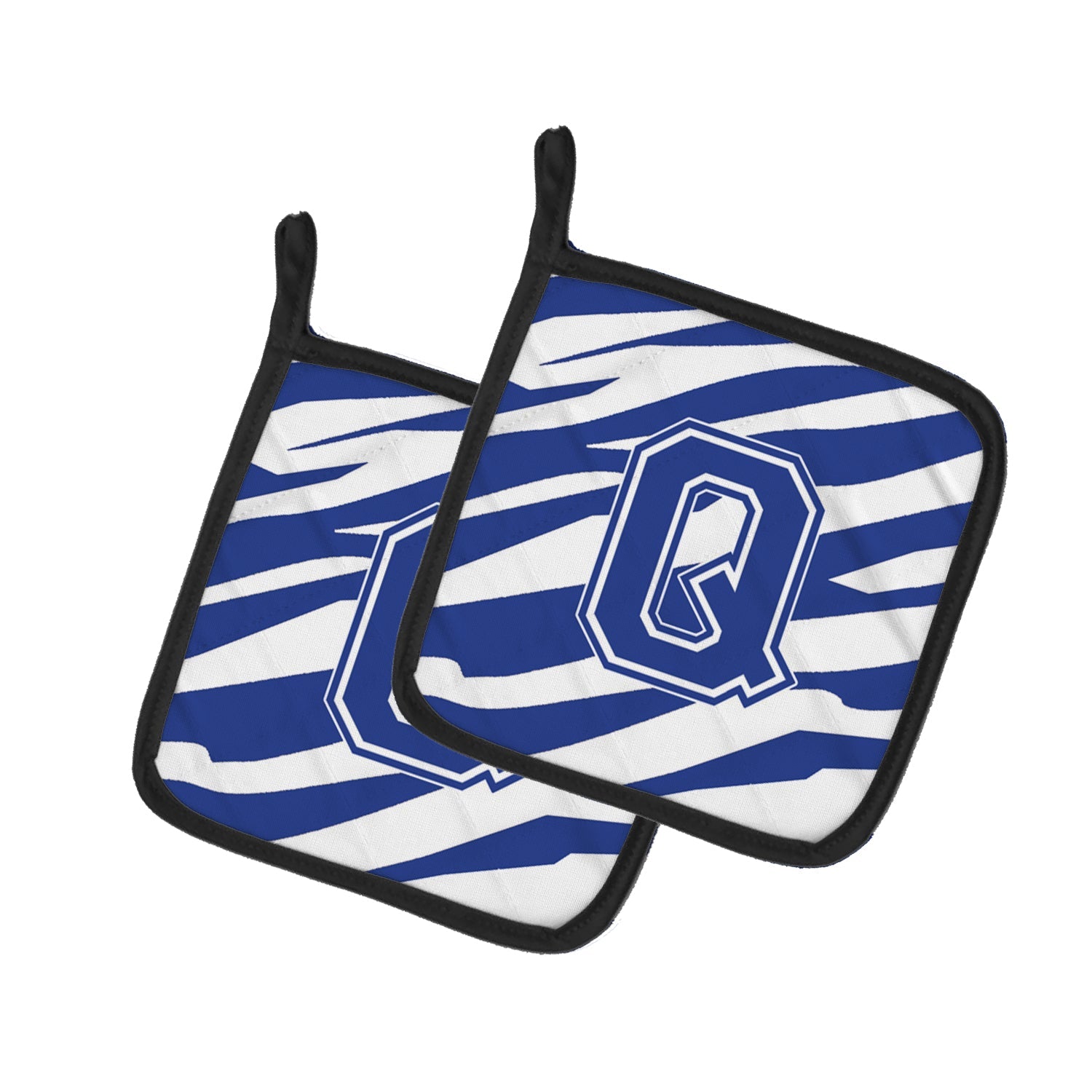 Letter Q Initial Tiger Stripe Blue and White Pot Holder Set of 2 Heat Resistant Quilted Hot Pads 7.5 x 7.5 Inch, Insulated Kitchen Trivets for Cooking & Baking