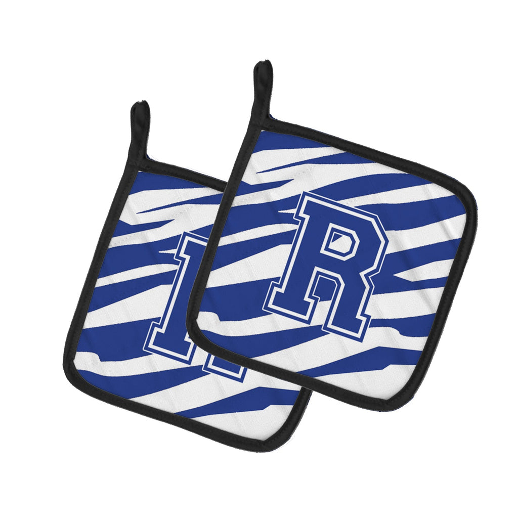Letter R Initial Tiger Stripe Blue and White Pot Holder Set of 2 Heat Resistant Quilted Hot Pads 7.5 x 7.5 Inch, Insulated Kitchen Trivets for Cooking & Baking