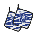 Letter U Initial Tiger Stripe Blue and White Pot Holder Set of 2 Heat Resistant Quilted Hot Pads 7.5 x 7.5 Inch, Insulated Kitchen Trivets for Cooking & Baking