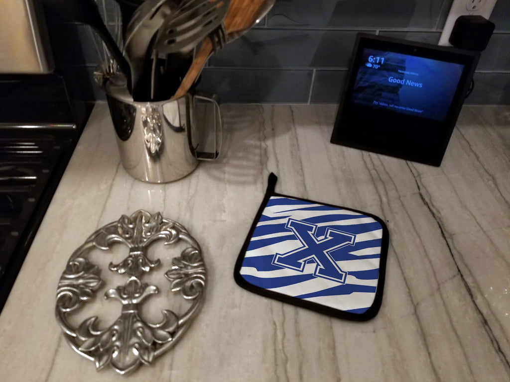 Letter X Initial  Tiger Stripe Blue and White Pot Holder Set of 2 Heat Resistant Quilted Hot Pads 7.5 x 7.5 Inch, Insulated Kitchen Trivets for Cooking & Baking