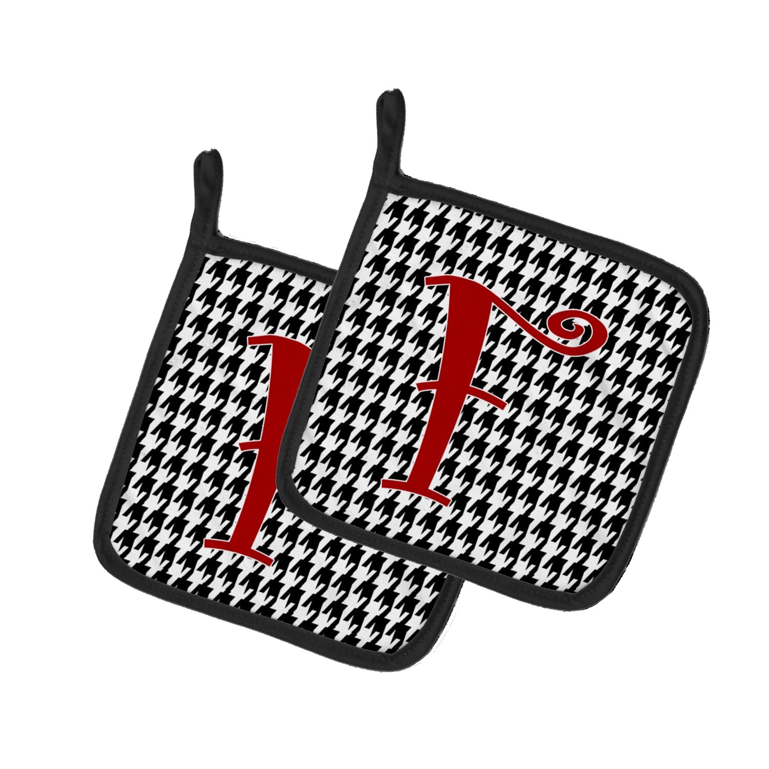 Letter F Initial Monogram - Houndstooth Black Pot Holder Set of 2 Heat Resistant Quilted Hot Pads 7.5 x 7.5 Inch, Insulated Kitchen Trivets for Cooking & Baking