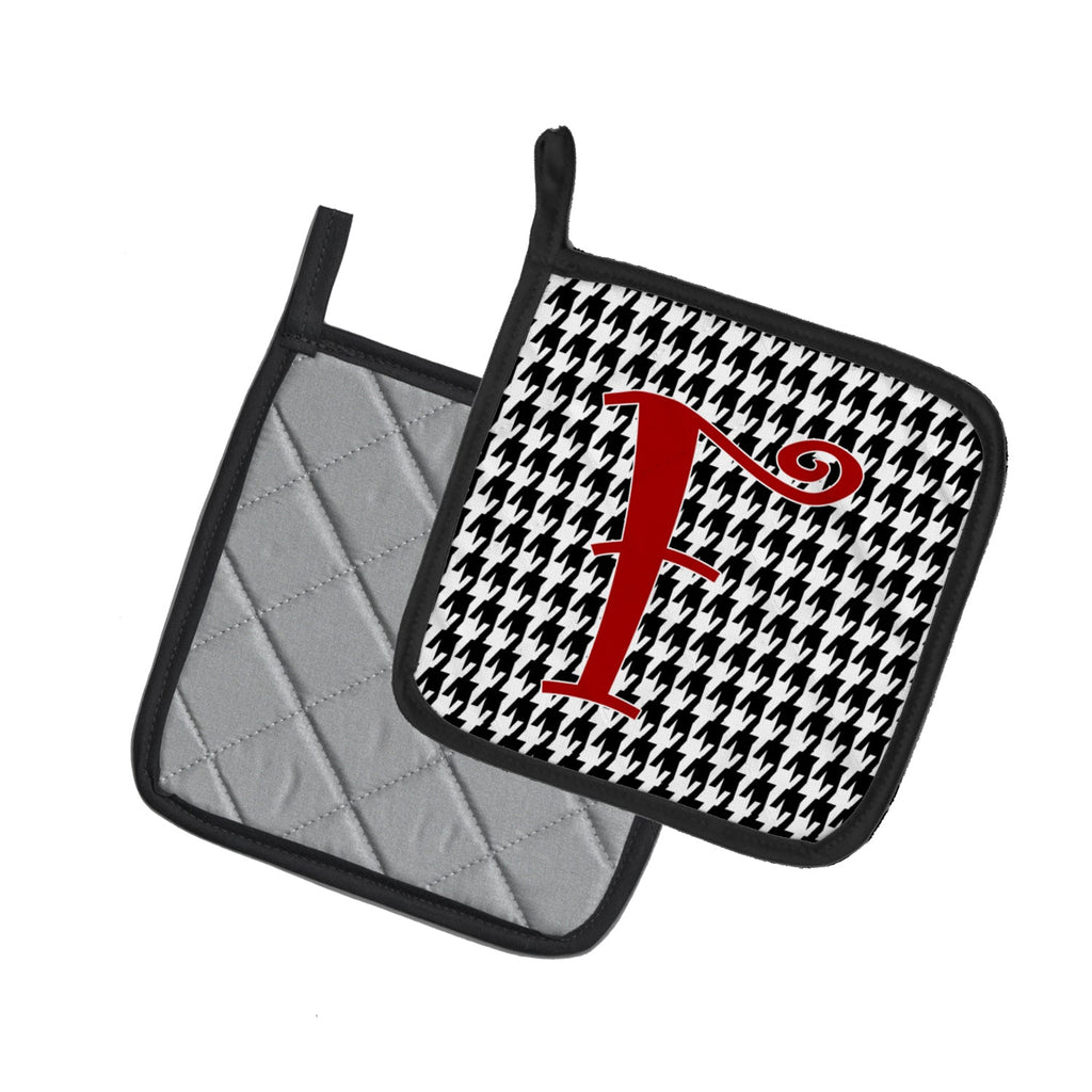 Letter F Initial Monogram - Houndstooth Black Pot Holder Set of 2 Heat Resistant Quilted Hot Pads 7.5 x 7.5 Inch, Insulated Kitchen Trivets for Cooking & Baking