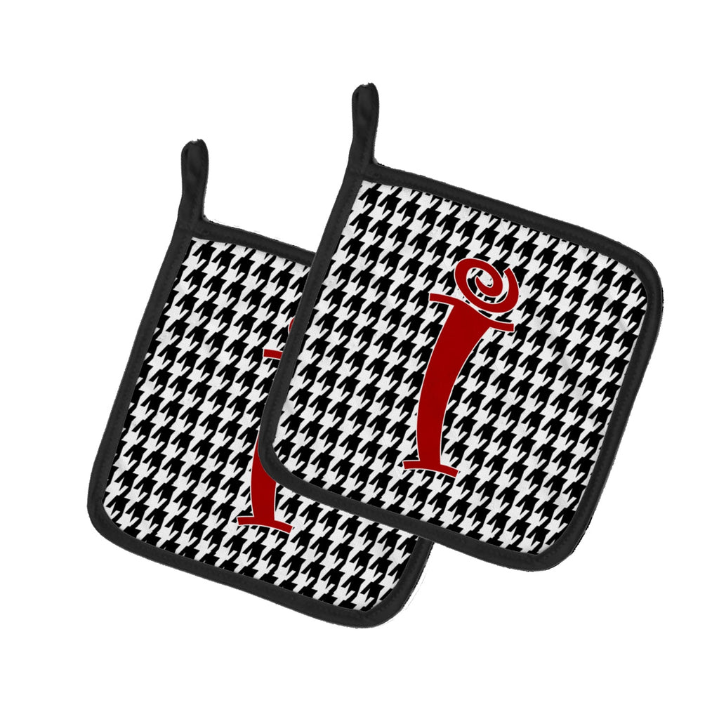 Letter I Initial Monogram - Houndstooth Black Pot Holder Set of 2 Heat Resistant Quilted Hot Pads 7.5 x 7.5 Inch, Insulated Kitchen Trivets for Cooking & Baking