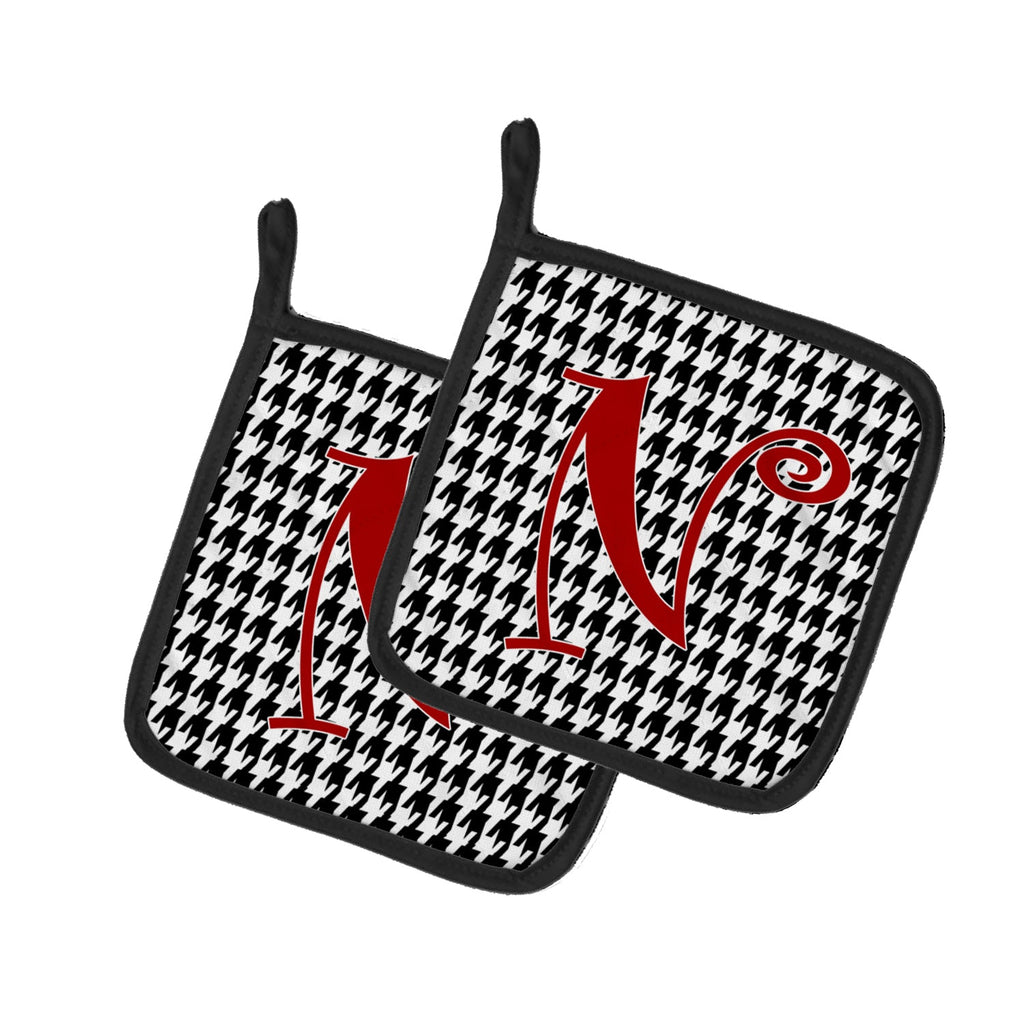 Letter N Initial Monogram - Houndstooth Black Pot Holder Set of 2 Heat Resistant Quilted Hot Pads 7.5 x 7.5 Inch, Insulated Kitchen Trivets for Cooking & Baking