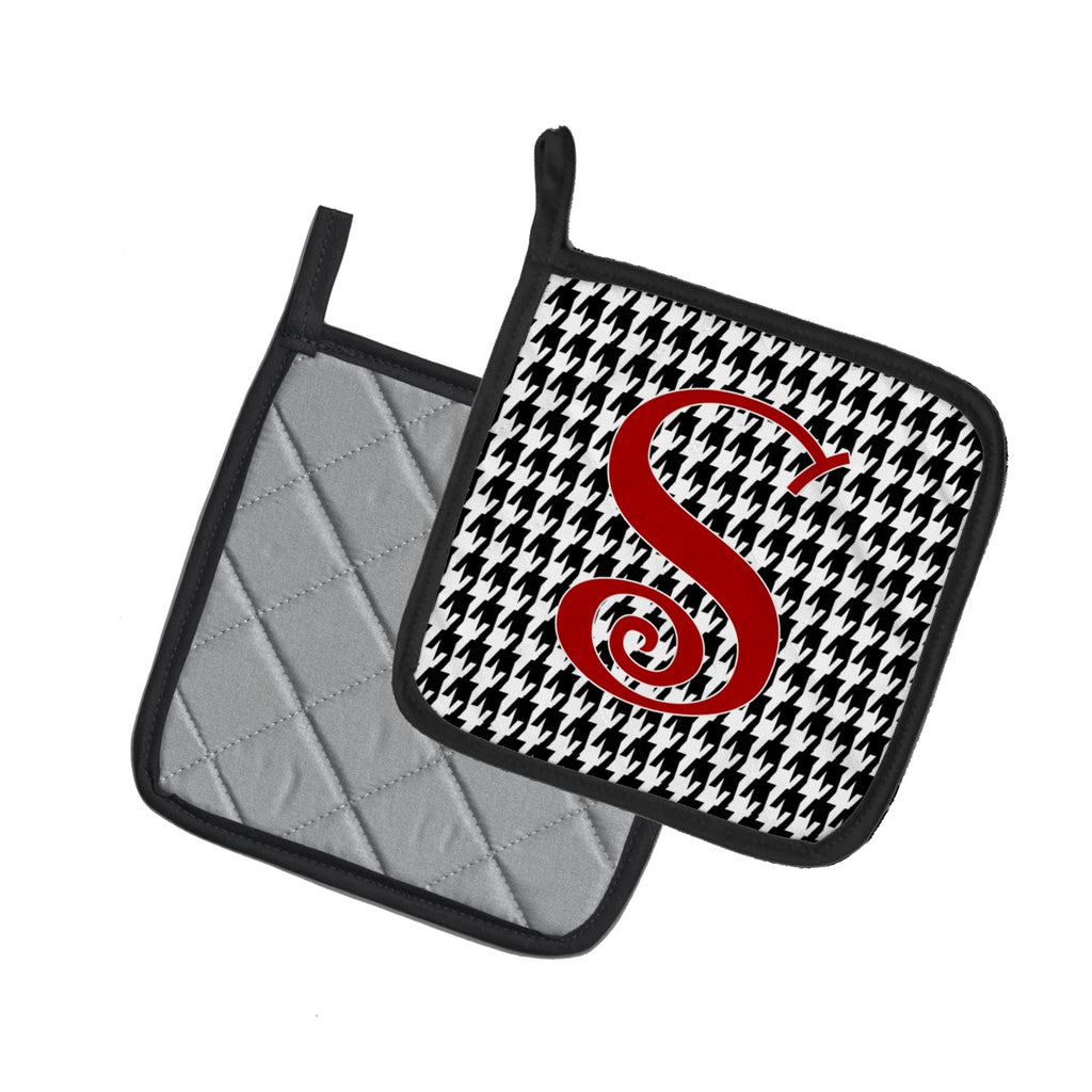 Letter S Initial Monogram - Houndstooth Black Pot Holder Set of 2 Heat Resistant Quilted Hot Pads 7.5 x 7.5 Inch, Insulated Kitchen Trivets for Cooking & Baking