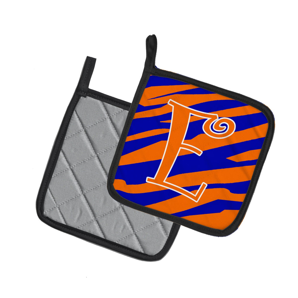 Letter E Initial Tiger Stripe Blue and Orange Pot Holder Set of 2 Heat Resistant Quilted Hot Pads 7.5 x 7.5 Inch, Insulated Kitchen Trivets for Cooking & Baking