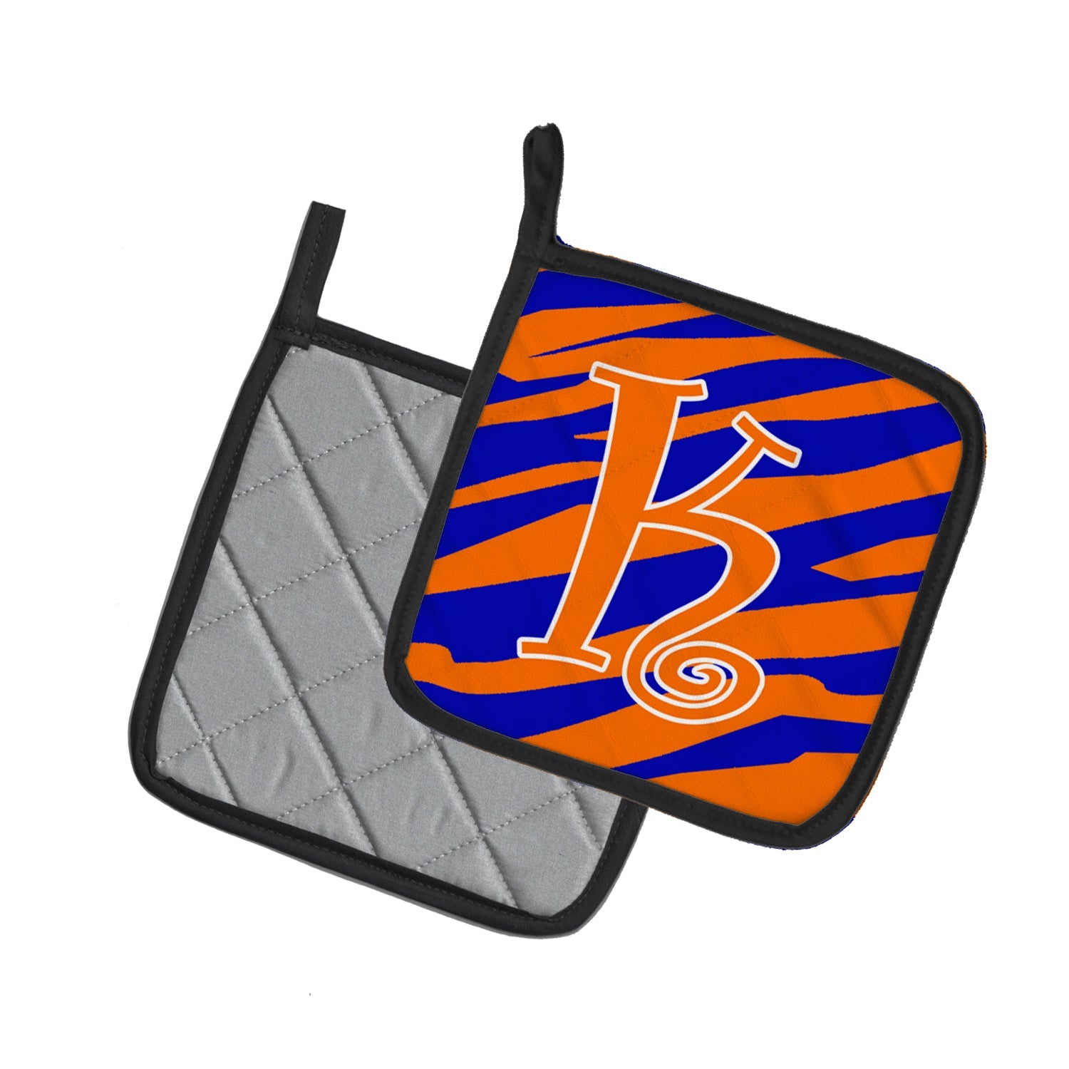 Letter K Initial Tiger Stripe Blue and Orange Pot Holder Set of 2 Heat Resistant Quilted Hot Pads 7.5 x 7.5 Inch, Insulated Kitchen Trivets for Cooking & Baking
