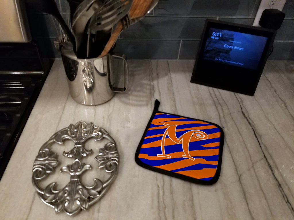 Letter M Initial Tiger Stripe Blue and Orange Pot Holder Set of 2 Heat Resistant Quilted Hot Pads 7.5 x 7.5 Inch, Insulated Kitchen Trivets for Cooking & Baking