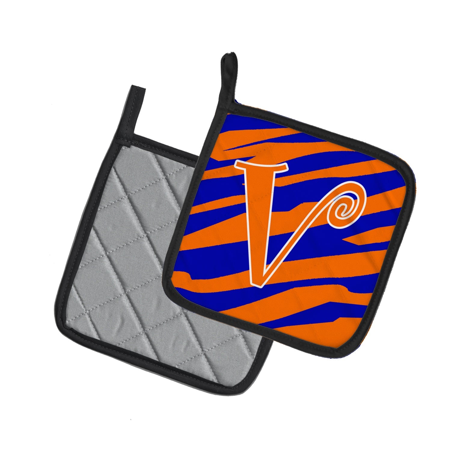 Letter V Initial  Tiger Stripe Blue and Orange Pot Holder Set of 2 Heat Resistant Quilted Hot Pads 7.5 x 7.5 Inch, Insulated Kitchen Trivets for Cooking & Baking