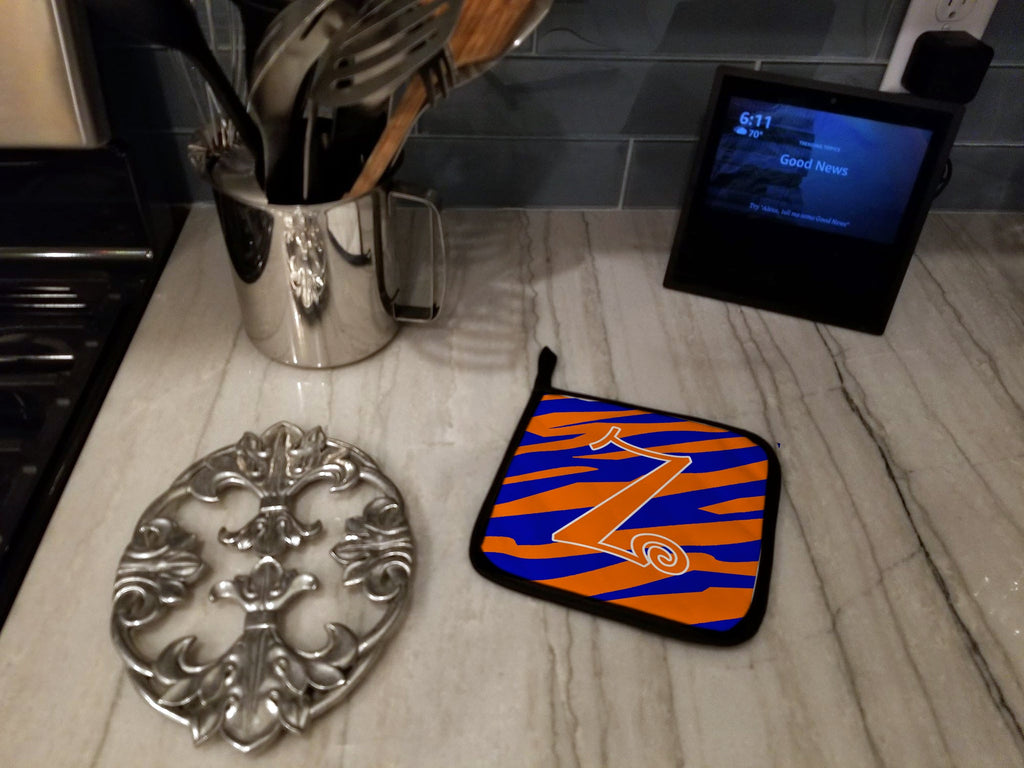 Letter Z Initial Tiger Stripe Blue and Orange Pot Holder Set of 2 Heat Resistant Quilted Hot Pads 7.5 x 7.5 Inch, Insulated Kitchen Trivets for Cooking & Baking