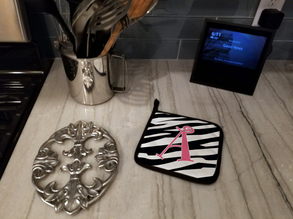 Letter A Monogram - Zebra Stripe and Pink Pot Holder Set of 2 Heat Resistant Quilted Hot Pads 7.5 x 7.5 Inch, Insulated Kitchen Trivets for Cooking & Baking