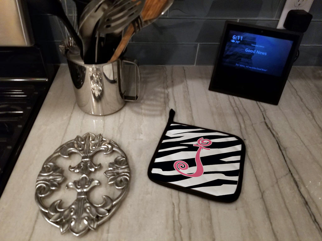 Letter J Initial Zebra Stripe and Pink Pot Holder Set of 2 Heat Resistant Quilted Hot Pads 7.5 x 7.5 Inch, Insulated Kitchen Trivets for Cooking & Baking