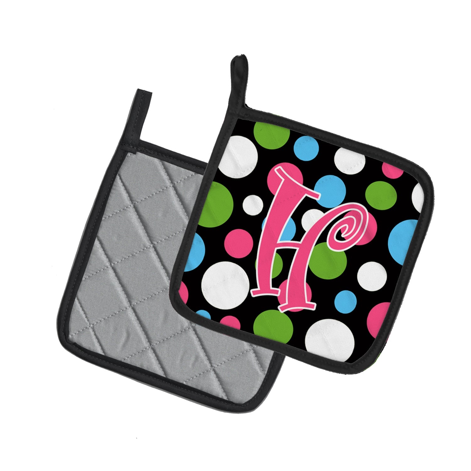 Letter H Initial Monogram - Polkadots and Pink Pot Holder Set of 2 Heat Resistant Quilted Hot Pads 7.5 x 7.5 Inch, Insulated Kitchen Trivets for Cooking & Baking