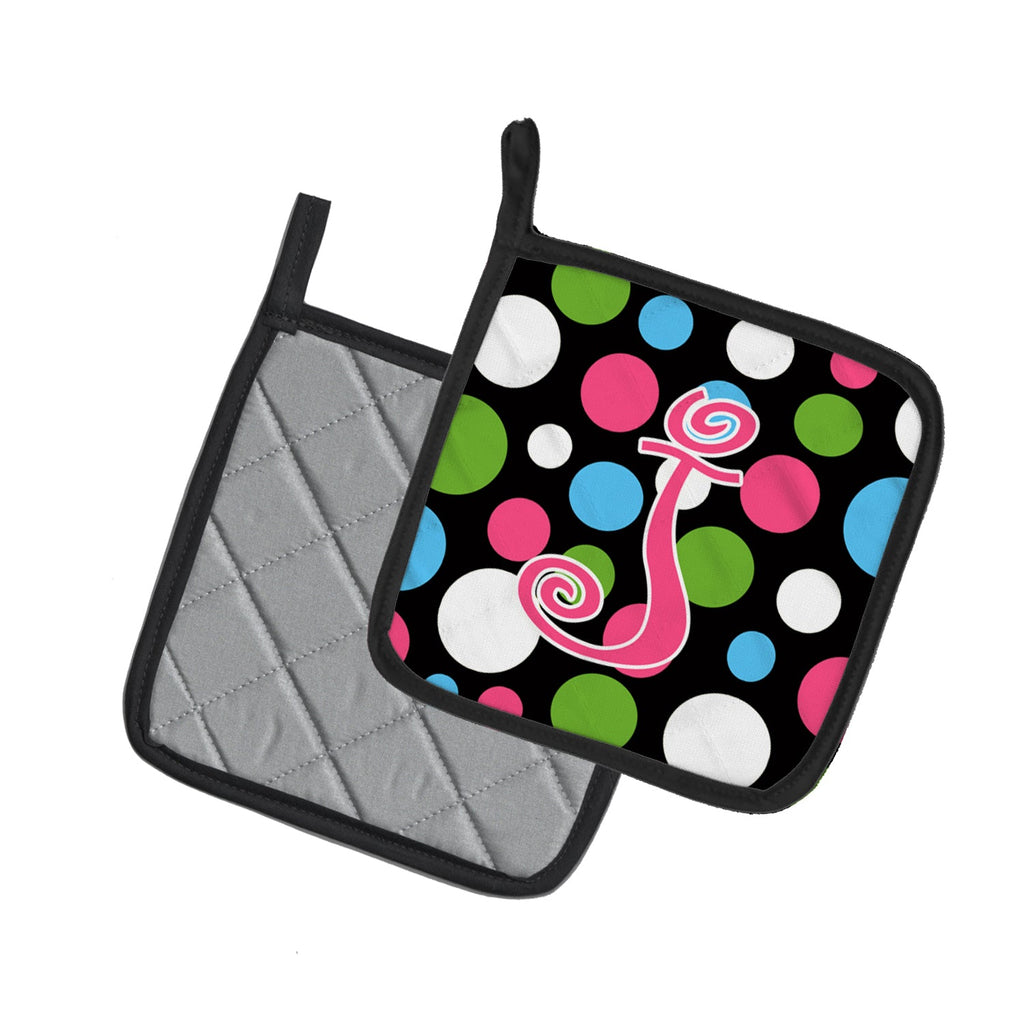 Letter J Initial Monogram - Polkadots and Pink Pot Holder Set of 2 Heat Resistant Quilted Hot Pads 7.5 x 7.5 Inch, Insulated Kitchen Trivets for Cooking & Baking