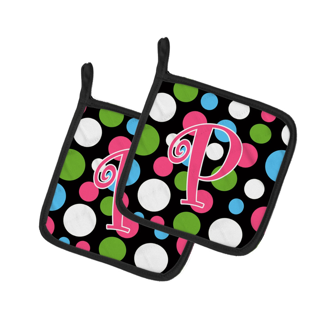 Letter P Initial Monogram - Polkadots and Pink Pot Holder Set of 2 Heat Resistant Quilted Hot Pads 7.5 x 7.5 Inch, Insulated Kitchen Trivets for Cooking & Baking