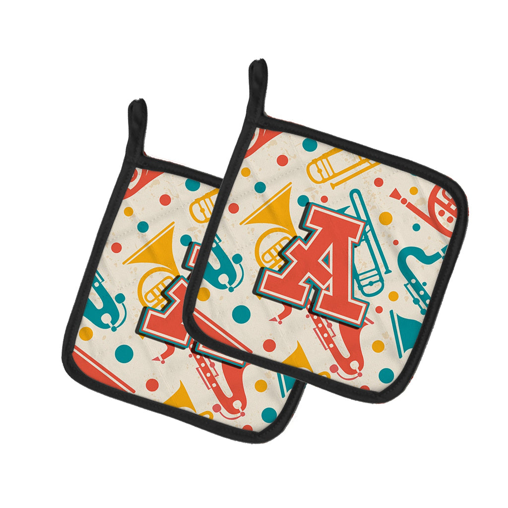 Letter A Retro Teal Orange Musical Instruments Initial Pot Holder Set of 2 Heat Resistant Quilted Hot Pads 7.5 x 7.5 Inch, Insulated Kitchen Trivets for Cooking & Baking