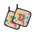 Letter D Retro Teal Orange Musical Instruments Initial Pot Holder Set of 2 Heat Resistant Quilted Hot Pads 7.5 x 7.5 Inch, Insulated Kitchen Trivets for Cooking & Baking