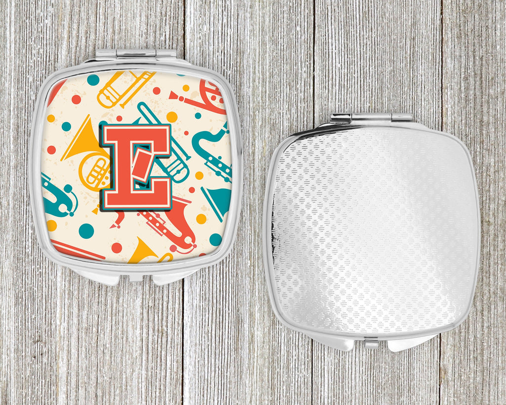 Letter E Retro Teal Orange Musical Instruments Initial Compact Mirror Decorative Travel Makeup Mirror for Women Girls Gifts Pocket Makeup Mirror Folding Handheld