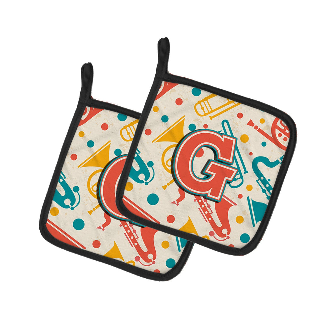 Letter G Retro Teal Orange Musical Instruments Initial Pot Holder Set of 2 Heat Resistant Quilted Hot Pads 7.5 x 7.5 Inch, Insulated Kitchen Trivets for Cooking & Baking