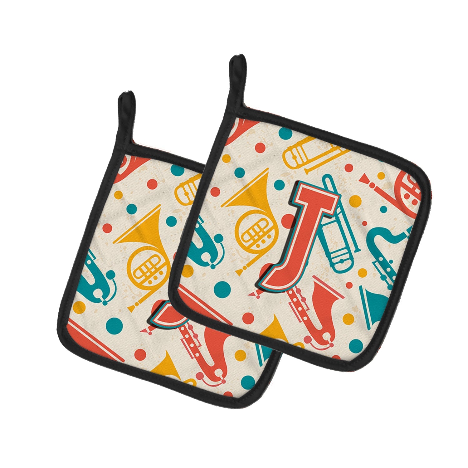 Letter J Retro Teal Orange Musical Instruments Initial Pot Holder Set of 2 Heat Resistant Quilted Hot Pads 7.5 x 7.5 Inch, Insulated Kitchen Trivets for Cooking & Baking
