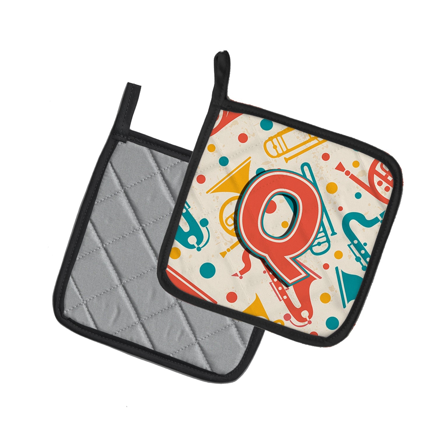 Letter Q Retro Teal Orange Musical Instruments Initial Pot Holder Set of 2 Heat Resistant Quilted Hot Pads 7.5 x 7.5 Inch, Insulated Kitchen Trivets for Cooking & Baking