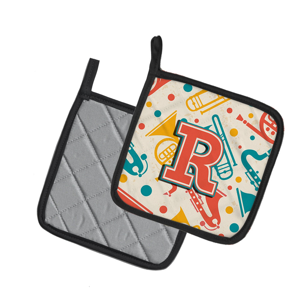 Letter R Retro Teal Orange Musical Instruments Initial Pot Holder Set of 2 Heat Resistant Quilted Hot Pads 7.5 x 7.5 Inch, Insulated Kitchen Trivets for Cooking & Baking