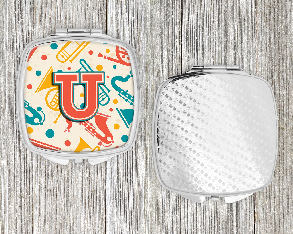 Letter U Retro Teal Orange Musical Instruments Initial Compact Mirror Decorative Travel Makeup Mirror for Women Girls Gifts Pocket Makeup Mirror Folding Handheld