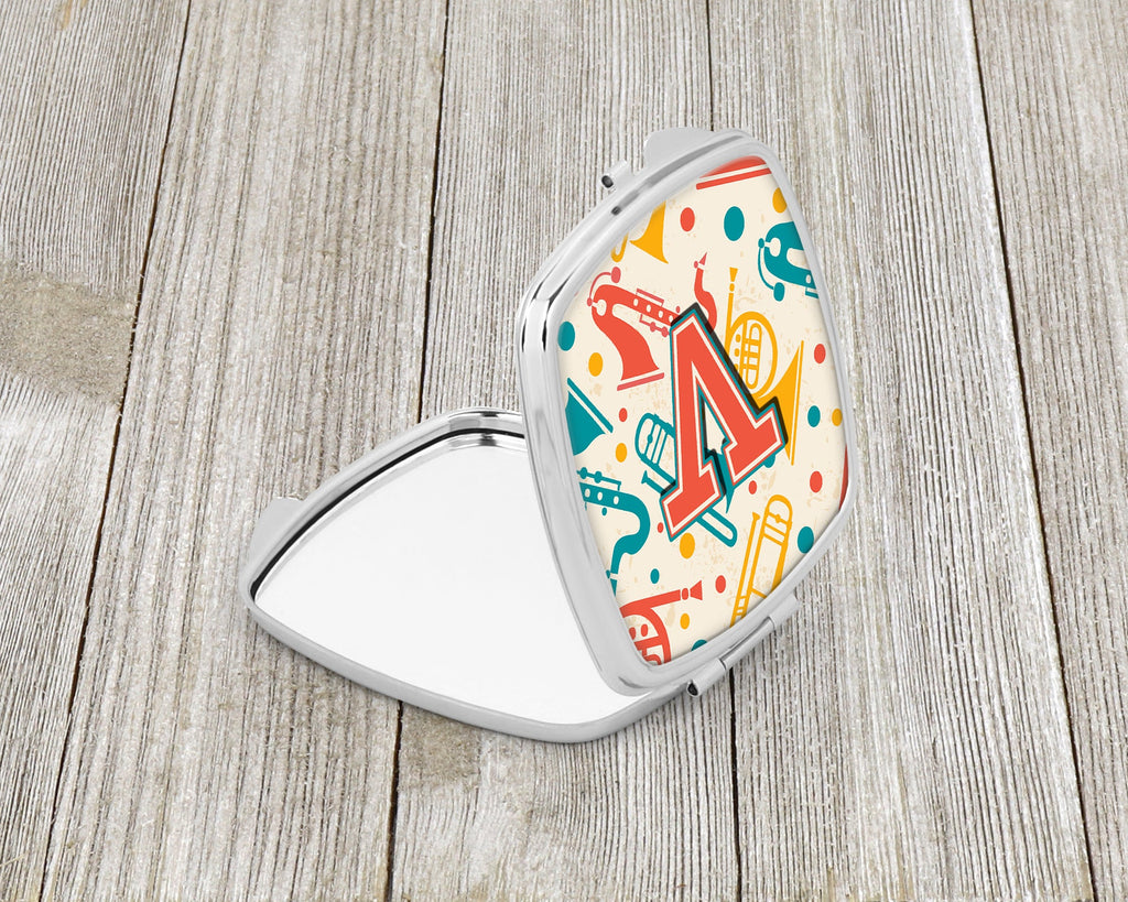 Letter V Retro Teal Orange Musical Instruments Initial Compact Mirror Decorative Travel Makeup Mirror for Women Girls Gifts Pocket Makeup Mirror Folding Handheld
