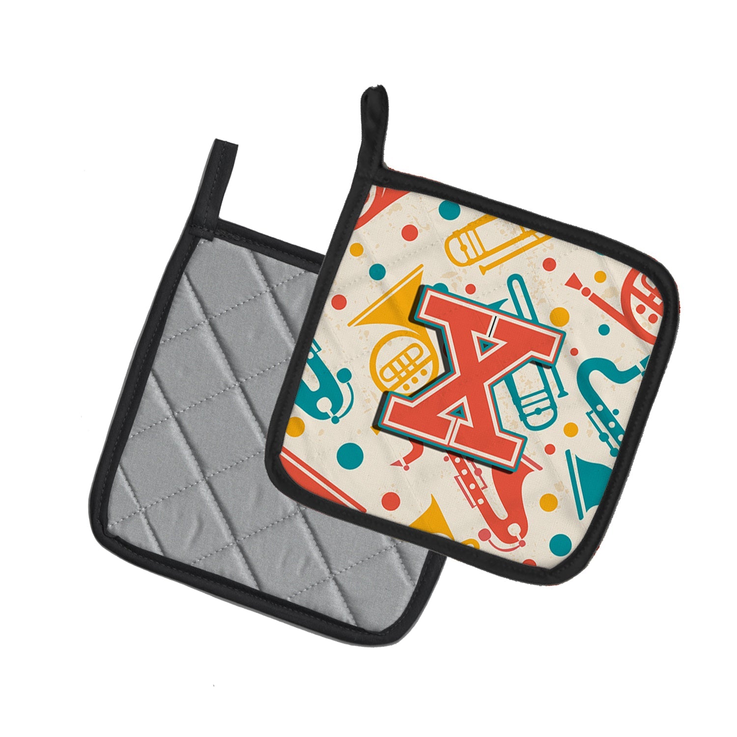 Letter X Retro Teal Orange Musical Instruments Initial Pot Holder Set of 2 Heat Resistant Quilted Hot Pads 7.5 x 7.5 Inch, Insulated Kitchen Trivets for Cooking & Baking