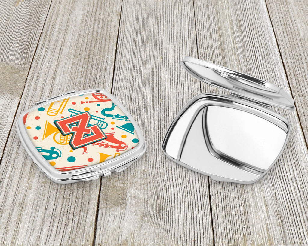 Letter Z Retro Teal Orange Musical Instruments Initial Compact Mirror Decorative Travel Makeup Mirror for Women Girls Gifts Pocket Makeup Mirror Folding Handheld