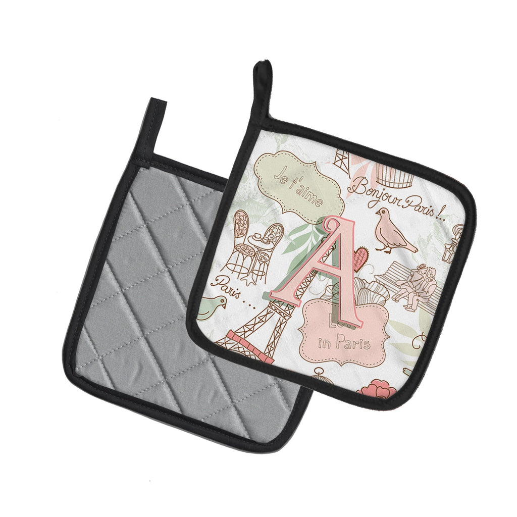 Letter A Love in Paris Pink Pot Holder Set of 2 Heat Resistant Quilted Hot Pads 7.5 x 7.5 Inch, Insulated Kitchen Trivets for Cooking & Baking