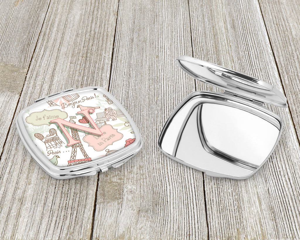 Letter N Love in Paris Pink Compact Mirror Decorative Travel Makeup Mirror for Women Girls Gifts Pocket Makeup Mirror Folding Handheld