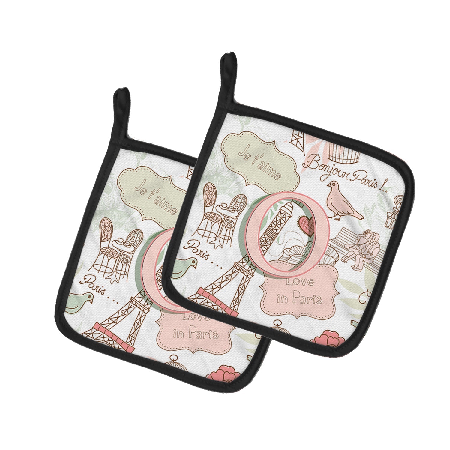 Letter O Love in Paris Pink Pot Holder Set of 2 Heat Resistant Quilted Hot Pads 7.5 x 7.5 Inch, Insulated Kitchen Trivets for Cooking & Baking