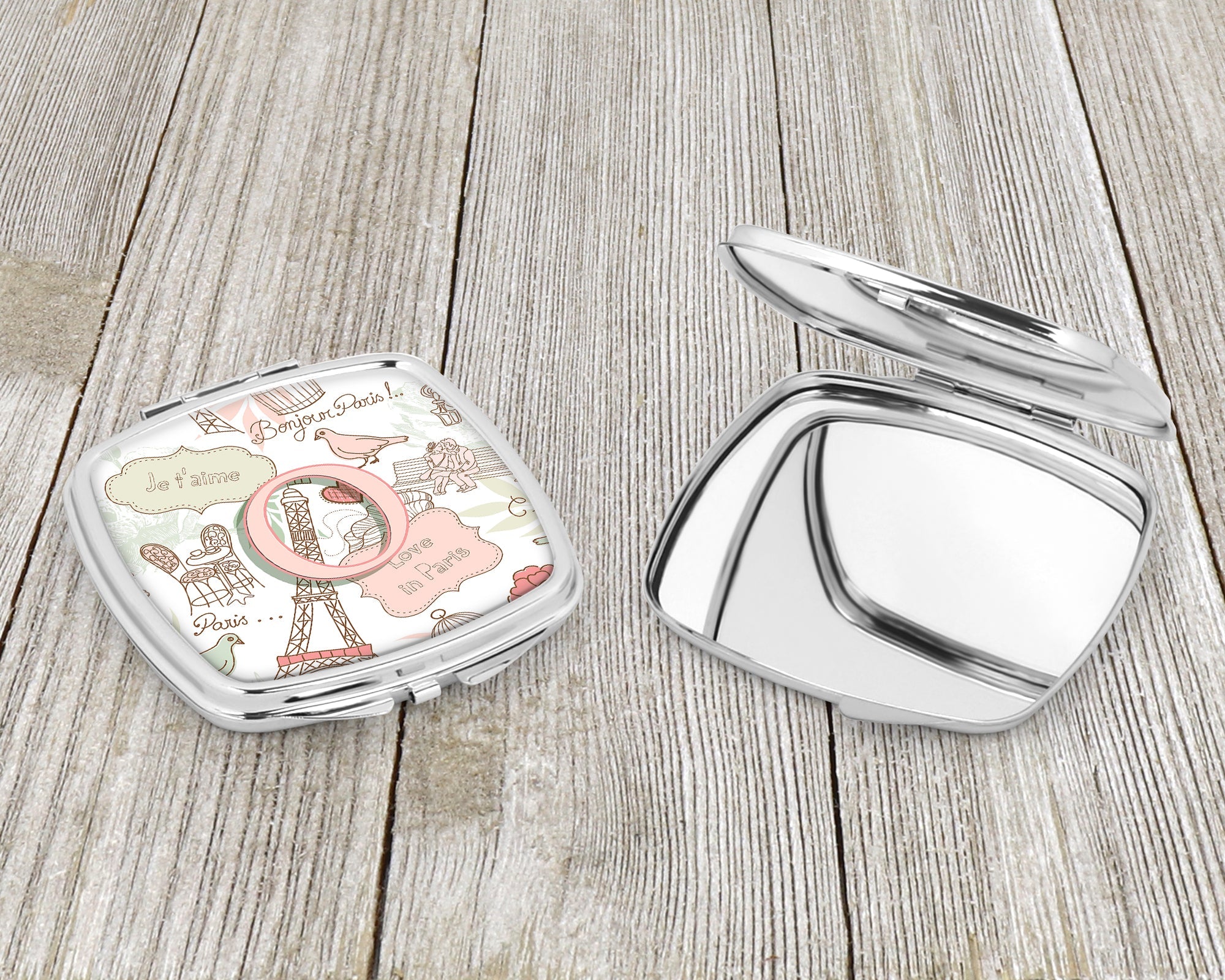 Letter O Love in Paris Pink Compact Mirror Decorative Travel Makeup Mirror for Women Girls Gifts Pocket Makeup Mirror Folding Handheld