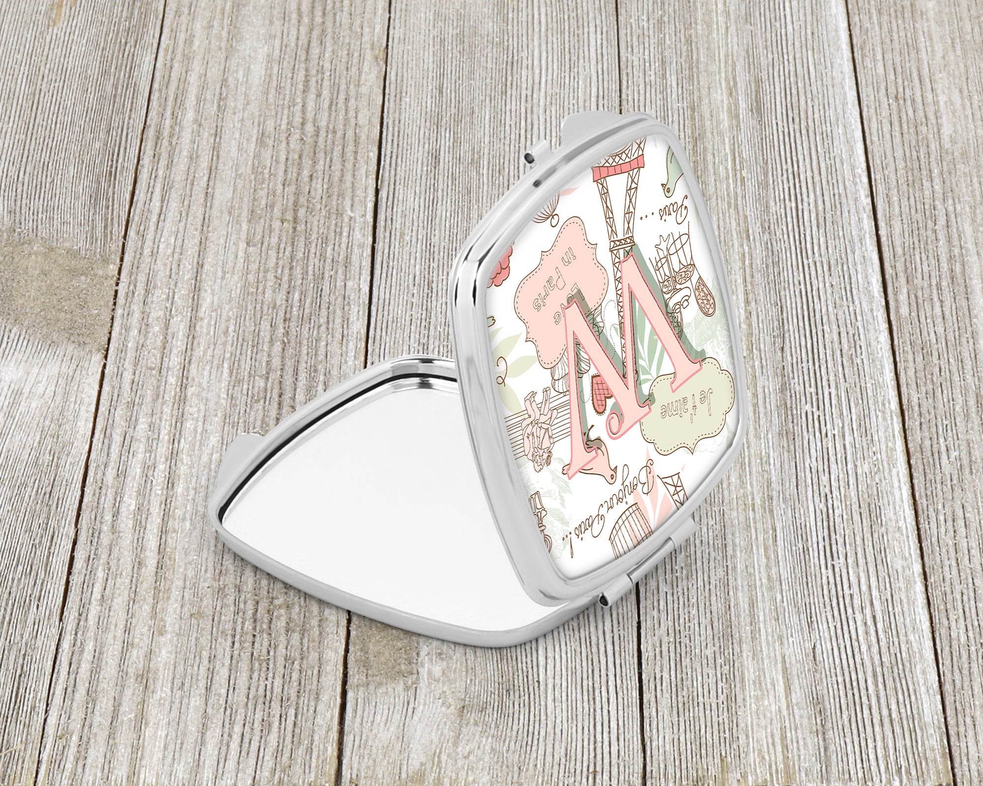 Letter W Love in Paris Pink Compact Mirror Decorative Travel Makeup Mirror for Women Girls Gifts Pocket Makeup Mirror Folding Handheld