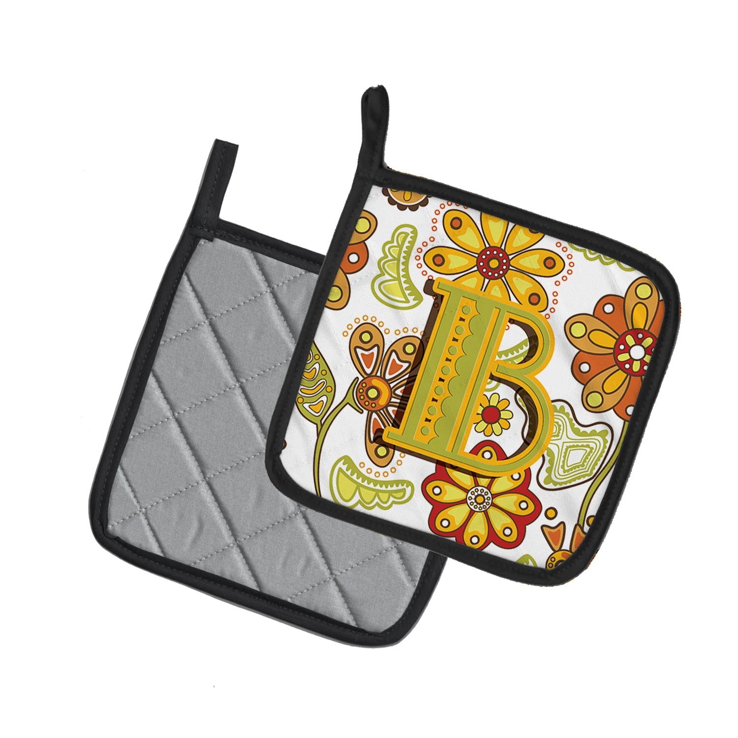 Letter B Floral Mustard and Green Pot Holder Set of 2 Heat Resistant Quilted Hot Pads 7.5 x 7.5 Inch, Insulated Kitchen Trivets for Cooking & Baking