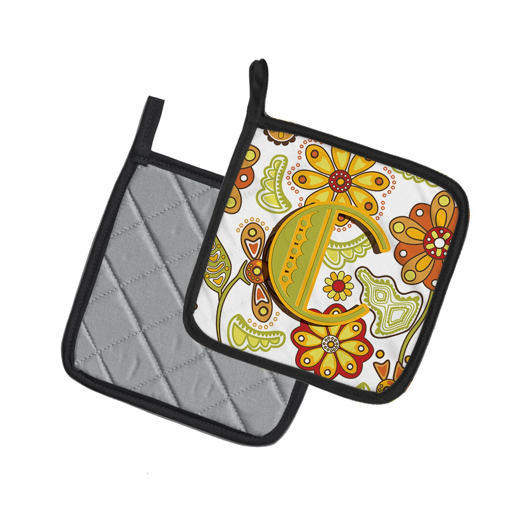 Letter C Floral Mustard and Green Pot Holder Set of 2 Heat Resistant Quilted Hot Pads 7.5 x 7.5 Inch, Insulated Kitchen Trivets for Cooking & Baking