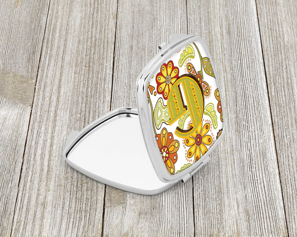Letter G Floral Mustard and Green Compact Mirror Decorative Travel Makeup Mirror for Women Girls Gifts Pocket Makeup Mirror Folding Handheld