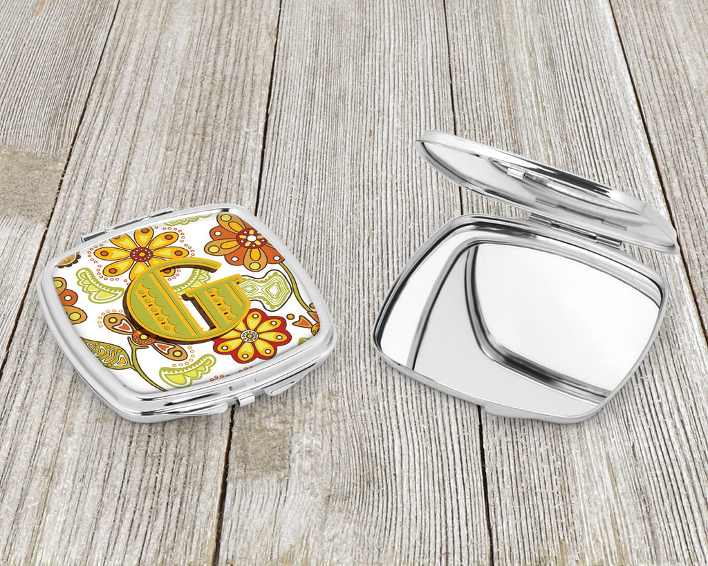 Letter G Floral Mustard and Green Compact Mirror Decorative Travel Makeup Mirror for Women Girls Gifts Pocket Makeup Mirror Folding Handheld
