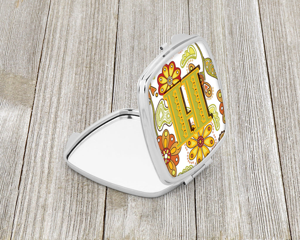 Letter H Floral Mustard and Green Compact Mirror Decorative Travel Makeup Mirror for Women Girls Gifts Pocket Makeup Mirror Folding Handheld