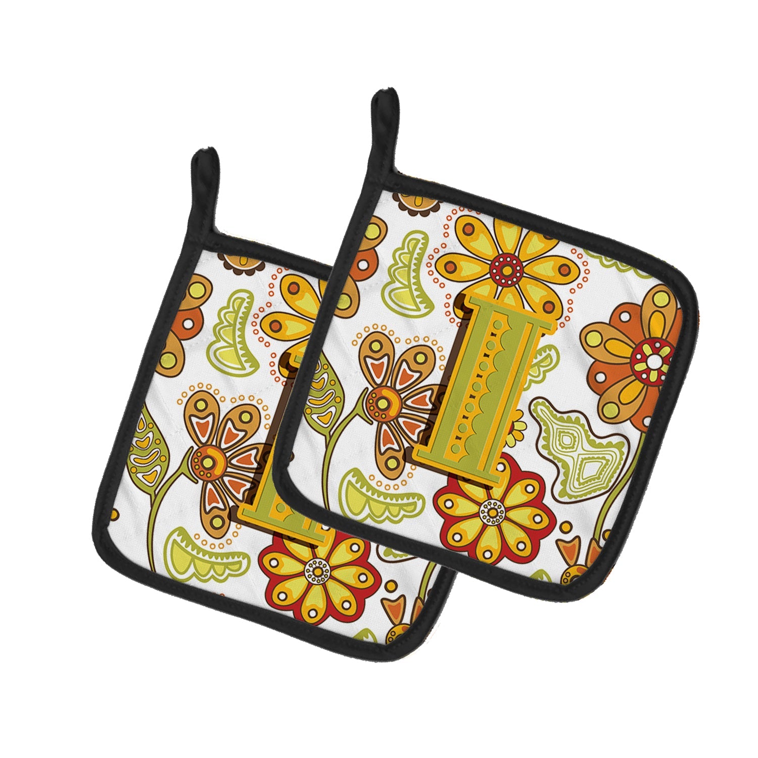 Letter I Floral Mustard and Green Pot Holder Set of 2 Heat Resistant Quilted Hot Pads 7.5 x 7.5 Inch, Insulated Kitchen Trivets for Cooking & Baking