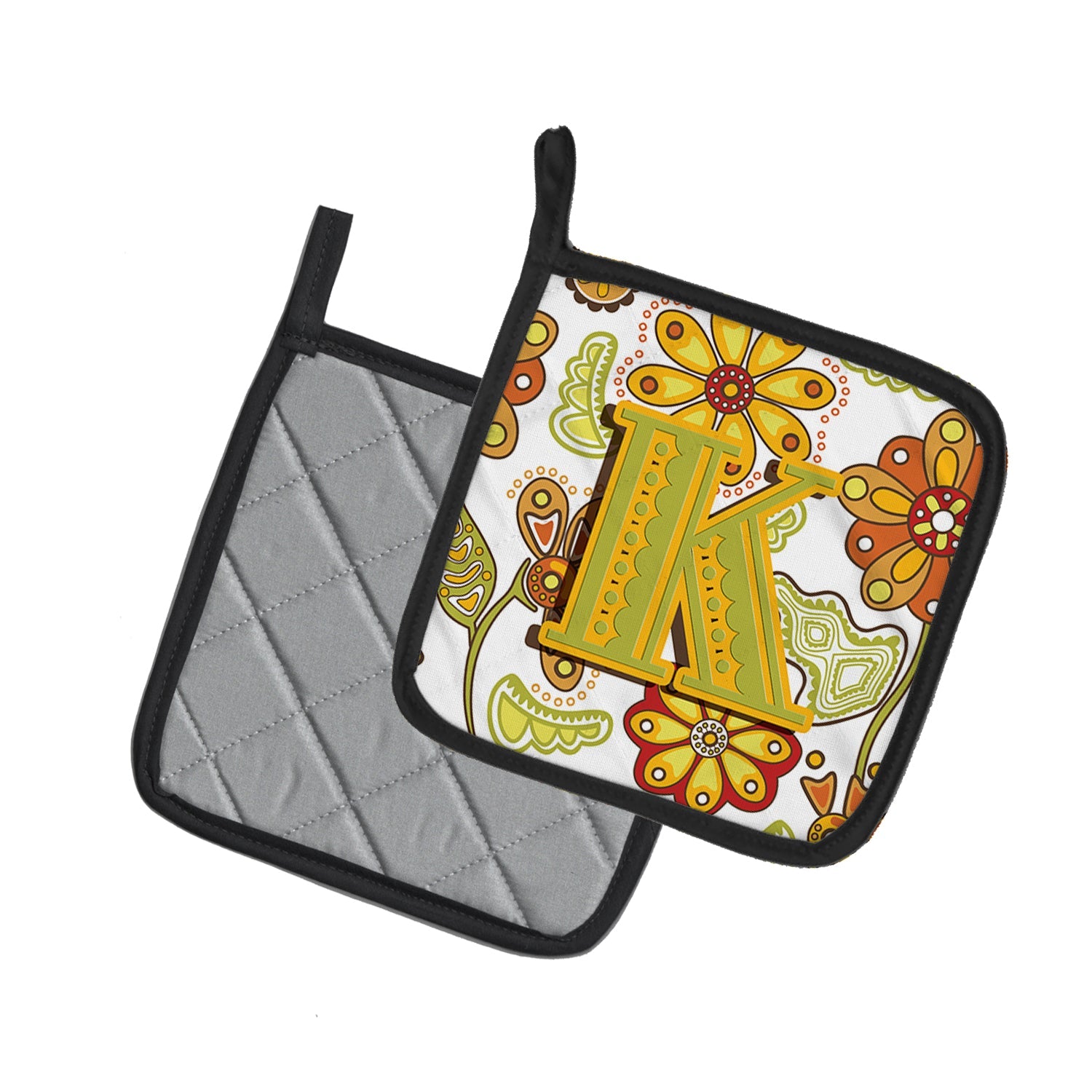 Letter K Floral Mustard and Green Pot Holder Set of 2 Heat Resistant Quilted Hot Pads 7.5 x 7.5 Inch, Insulated Kitchen Trivets for Cooking & Baking