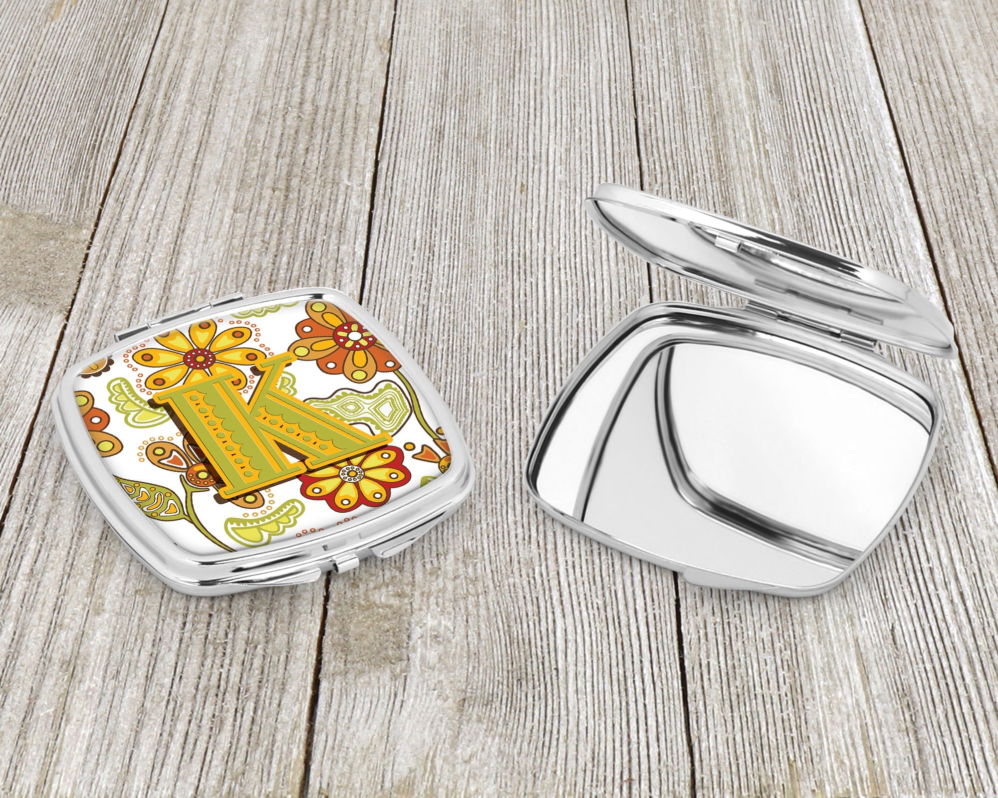 Letter K Floral Mustard and Green Compact Mirror Decorative Travel Makeup Mirror for Women Girls Gifts Pocket Makeup Mirror Folding Handheld