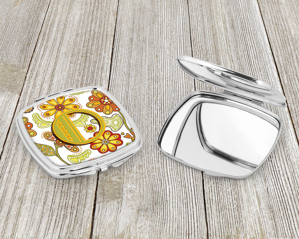 Letter O Floral Mustard and Green Compact Mirror Decorative Travel Makeup Mirror for Women Girls Gifts Pocket Makeup Mirror Folding Handheld